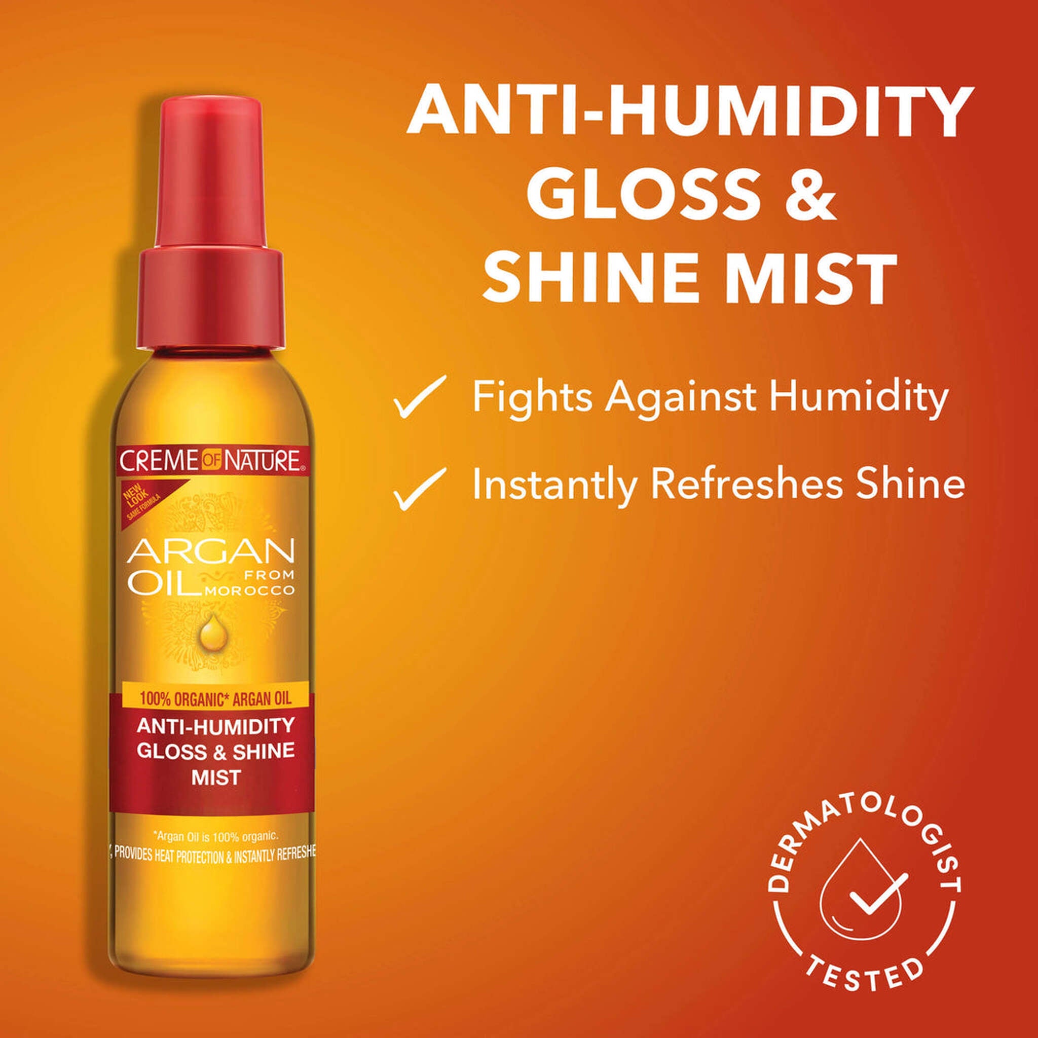 Creme of Nature Argan Oil Anti-Humidity Gloss & Shine Mist bottle on an orange background with product features listed.