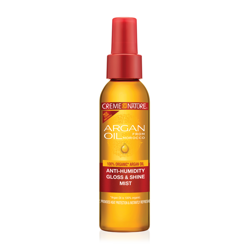 Argan Oil from Morocco Anti-Humidity Gloss & Shine Mist by Creme Nature in a 100ml spray bottle, featuring a golden amber bottle, red spray nozzle, and red and gold label.