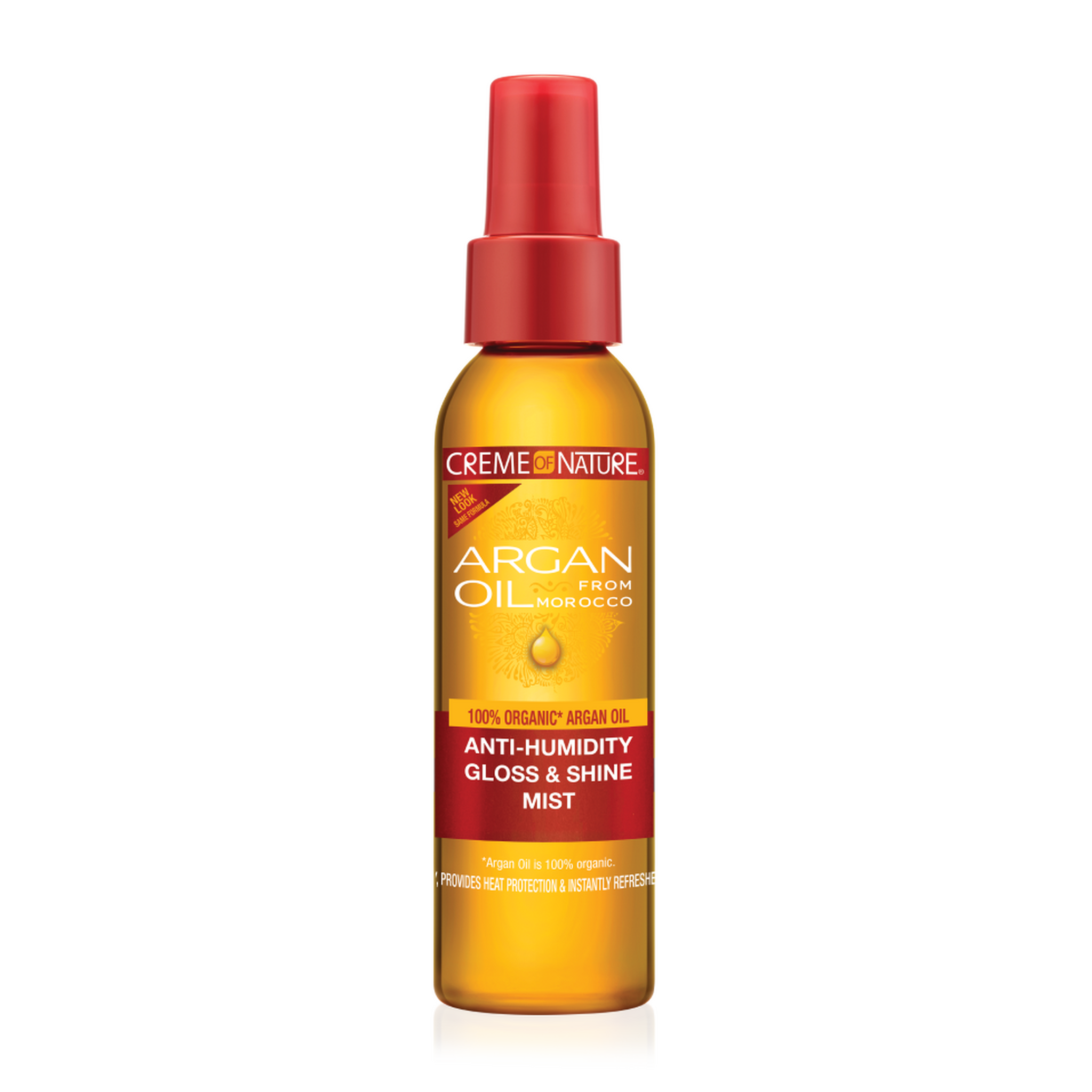 Argan Oil from Morocco Anti-Humidity Gloss & Shine Mist by Creme Nature in a 100ml spray bottle, featuring a golden amber bottle, red spray nozzle, and red and gold label.