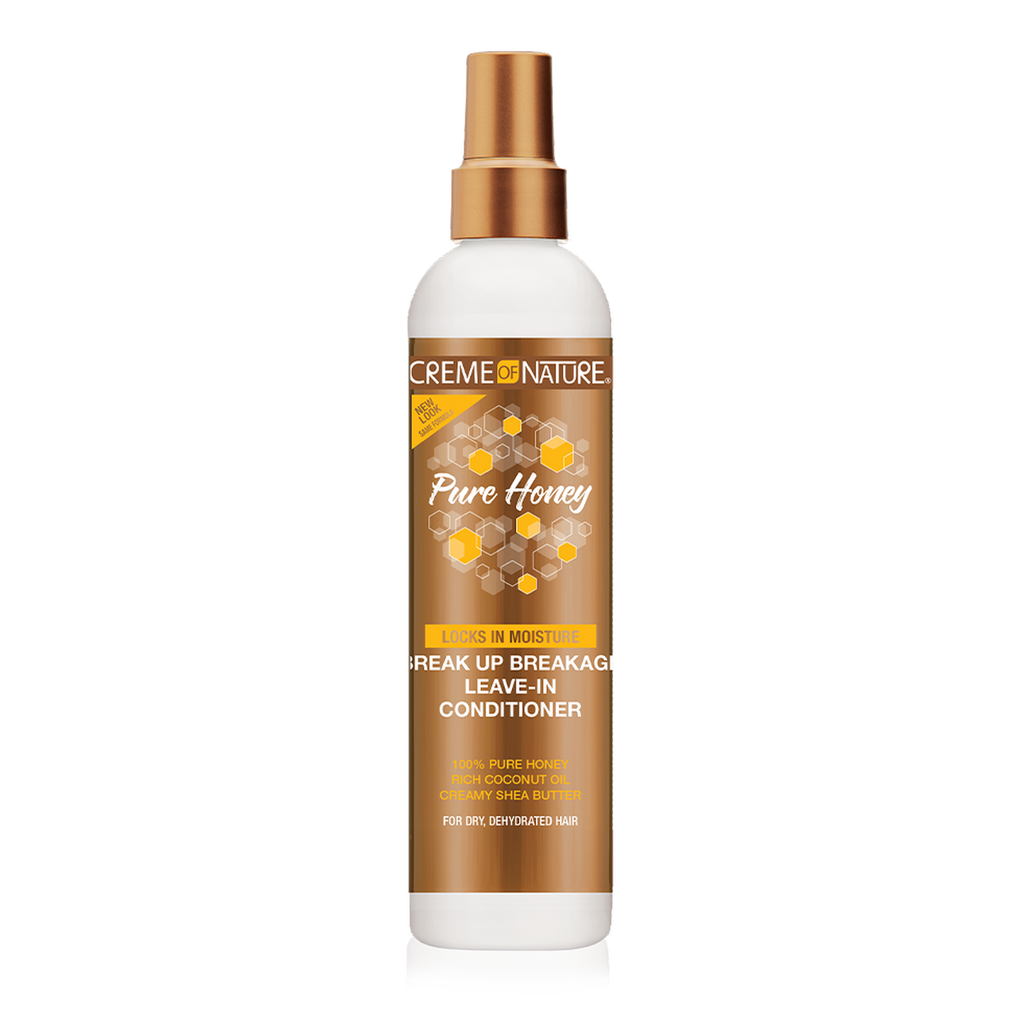 Creme Nature Pure Honey Break Up Breakage Leave-In Conditioner in a white bottle with a metallic gold spray nozzle and a brown honey-themed label, shown on a white background.