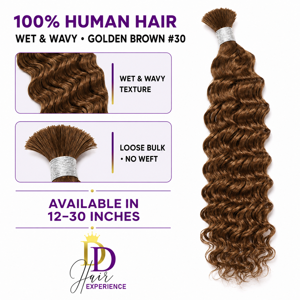 Golden Brown #30 boho braids shown beside matching Wet & Wavy loose bulk human hair