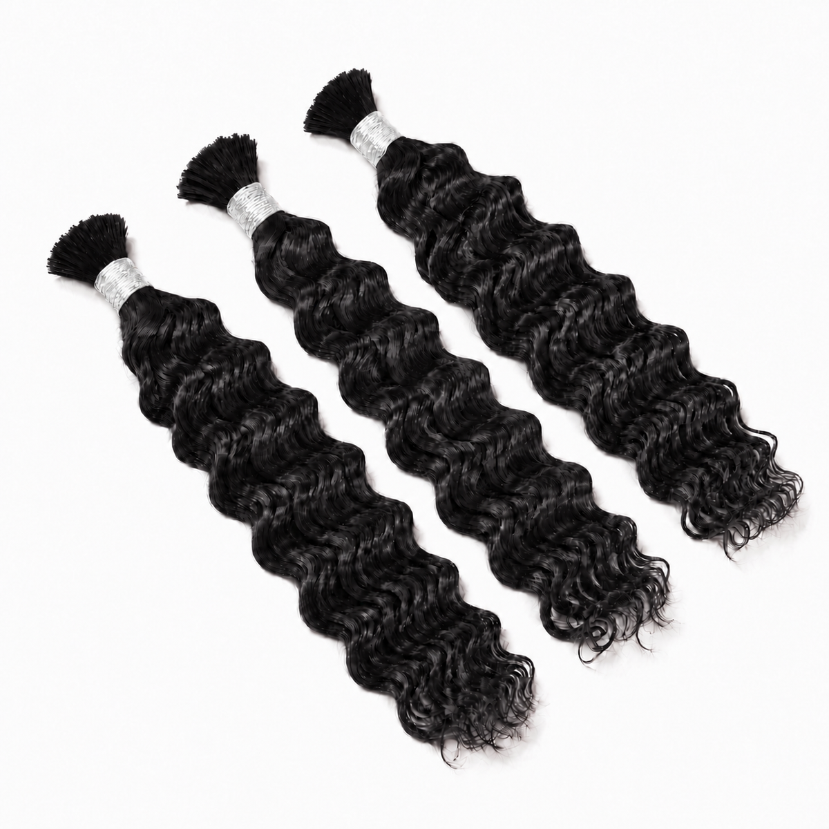 Three Natural Wet & Wavy loose bulk human hair products for braiding on a white background