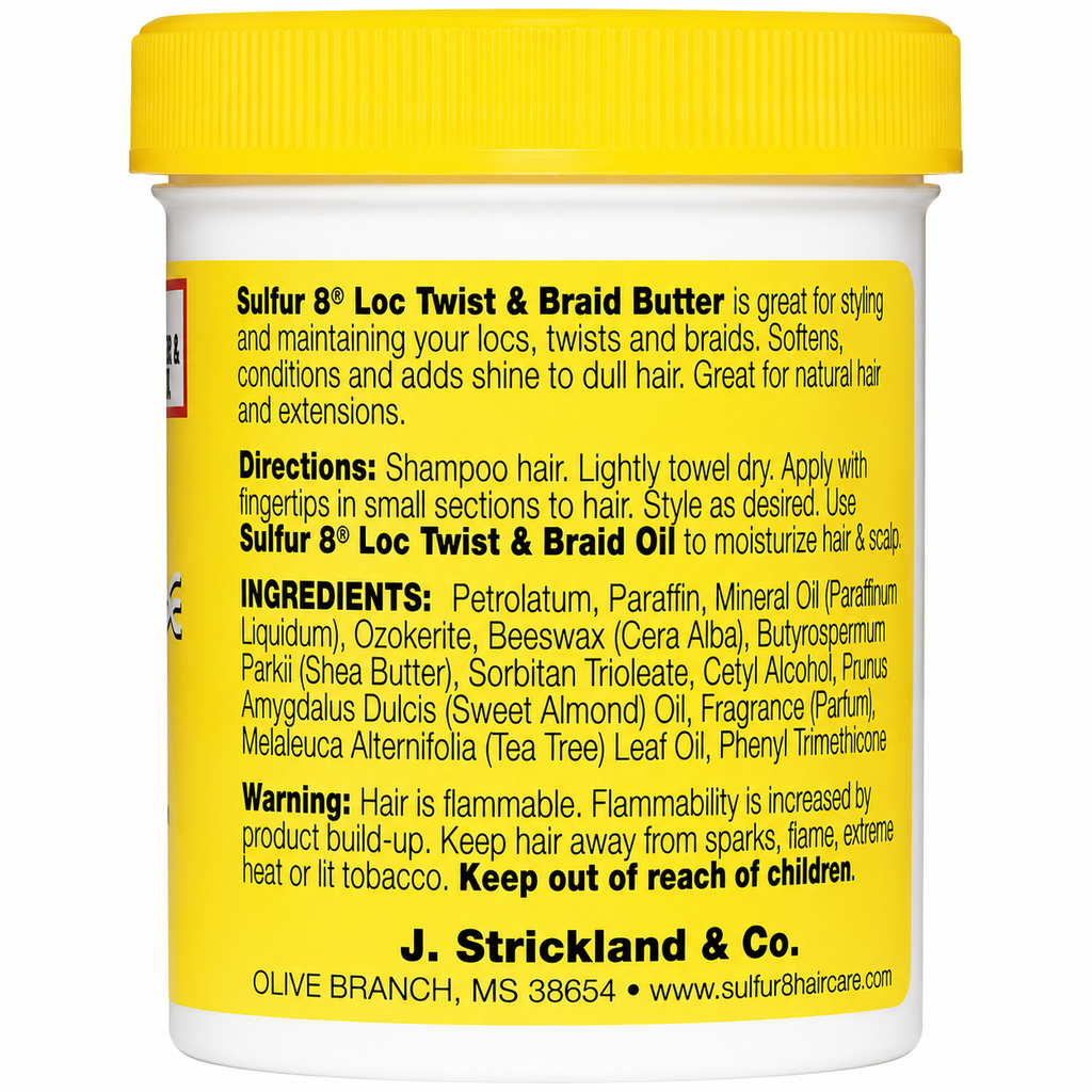 Sulfur8 Loc Twist & Braid Butter back label with directions, ingredients and warning information