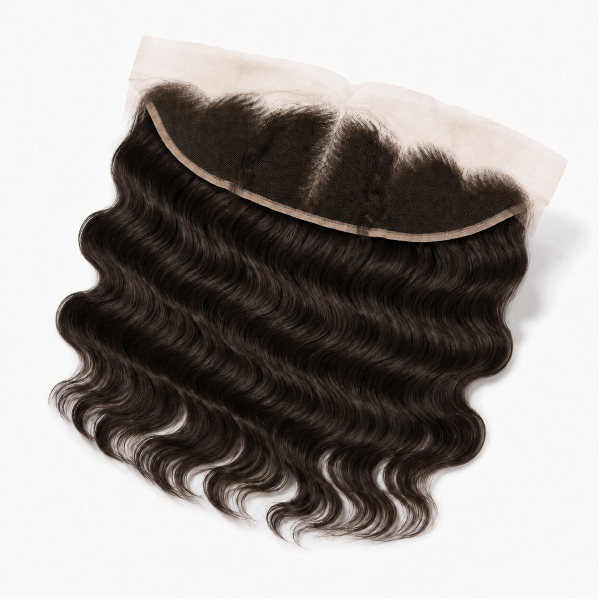 A dark brown wavy hair lace frontal closure with a beige mesh base, shown on a clean white background.