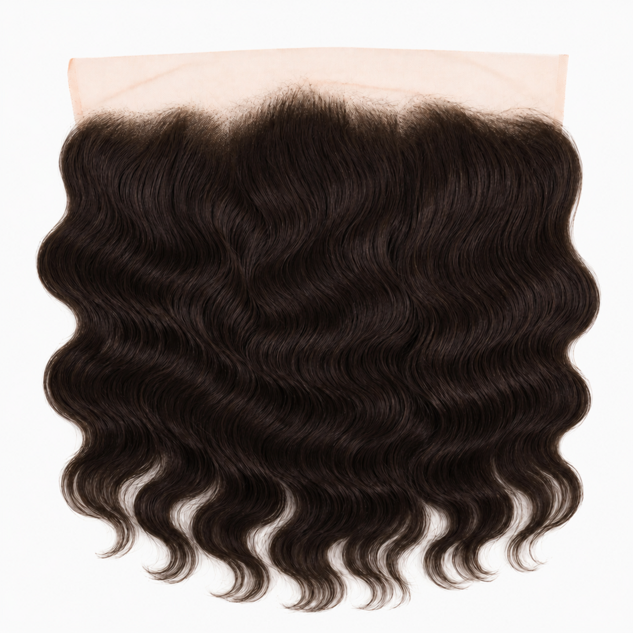 A dark brown to black body wave lace frontal hair extension piece with a light beige lace base, shown against a plain white background.