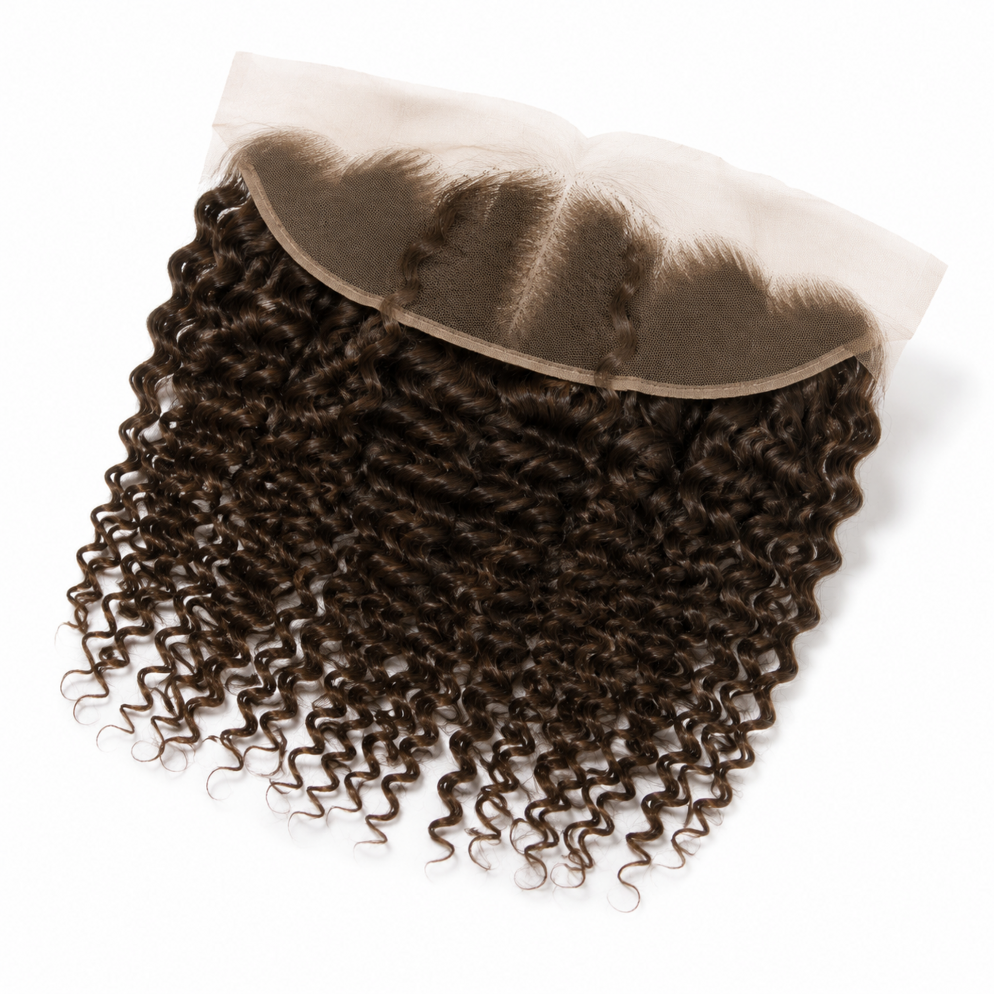 A dark brown curly lace frontal hairpiece with a sheer beige lace base, shown on a clean white background.