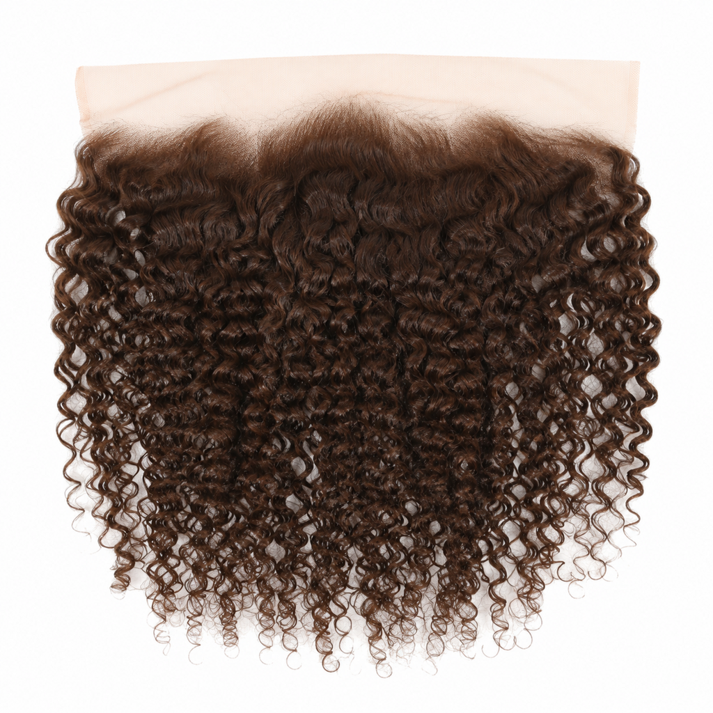 A dark brown curly hair lace frontal hairpiece with a beige mesh base, shown against a plain white background.