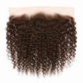 A dark brown curly hair lace frontal hairpiece with a beige mesh base, shown against a plain white background.