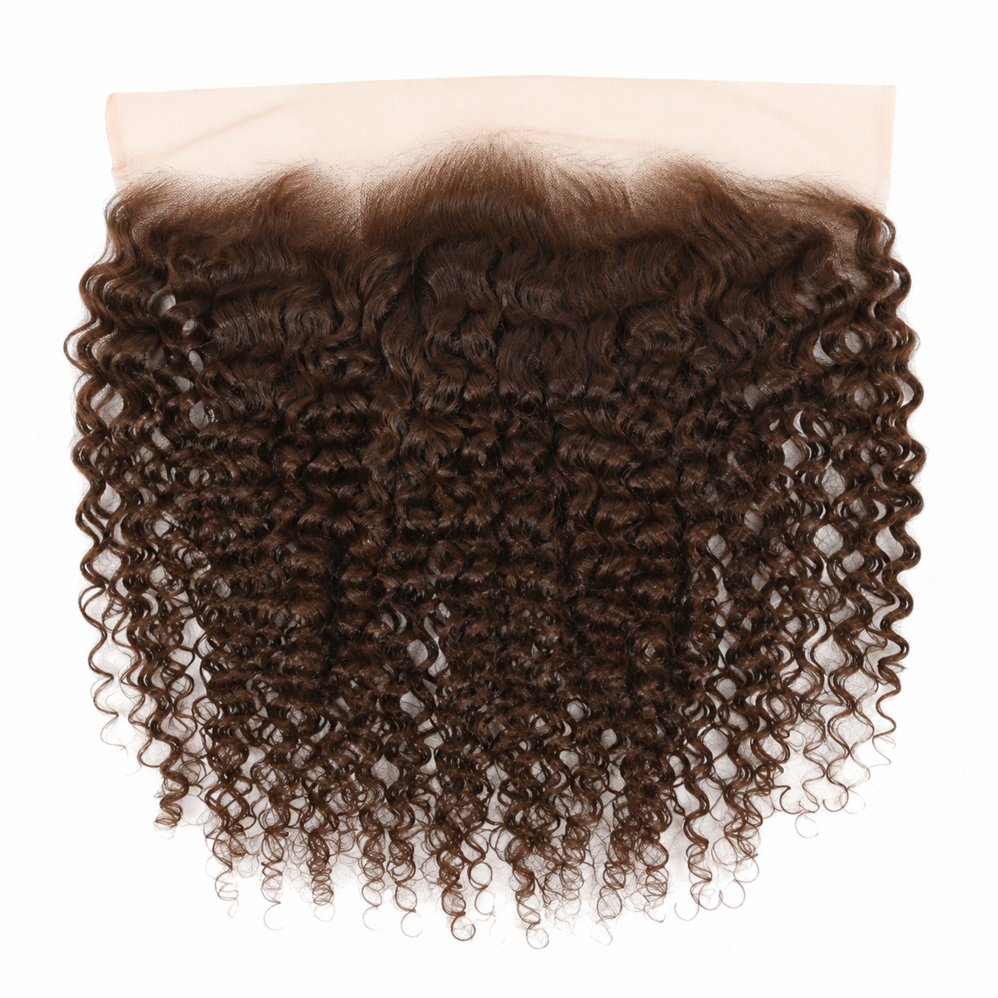 A dark brown curly hair lace frontal hairpiece with a beige mesh base, shown against a plain white background.