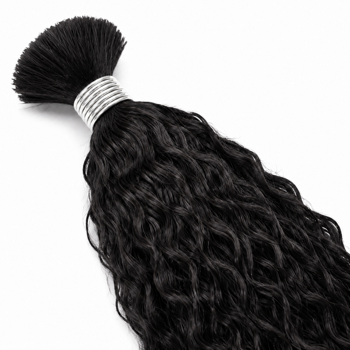 Close-up of Natural Wet & Wavy loose bulk human hair texture and silver-wrapped top