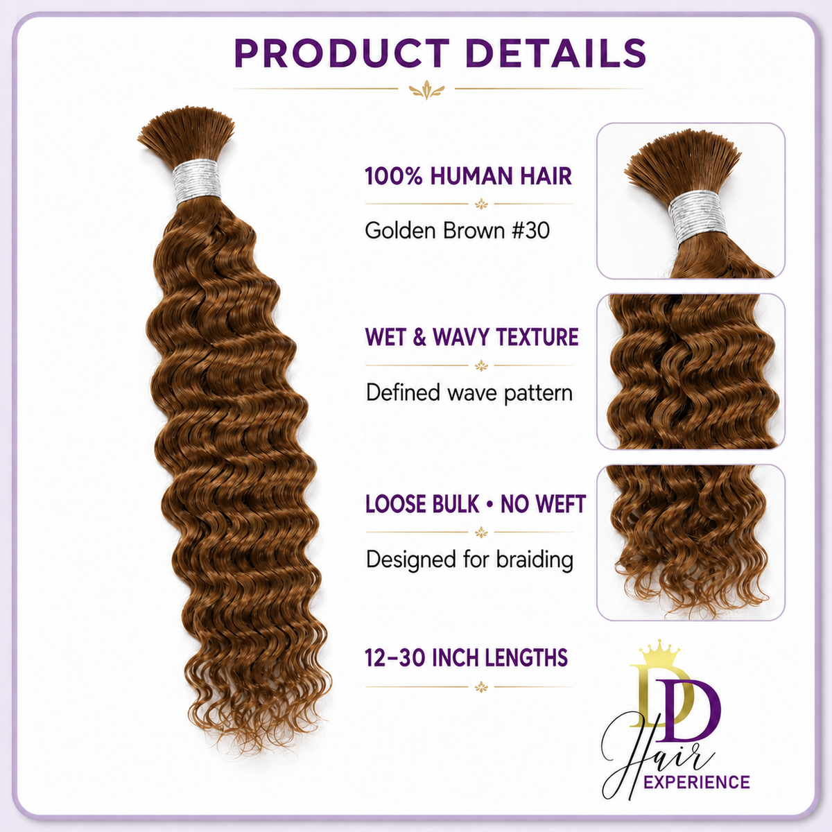 Golden Brown #30 Wet & Wavy bulk human hair showing the texture, loose-bulk top and ends