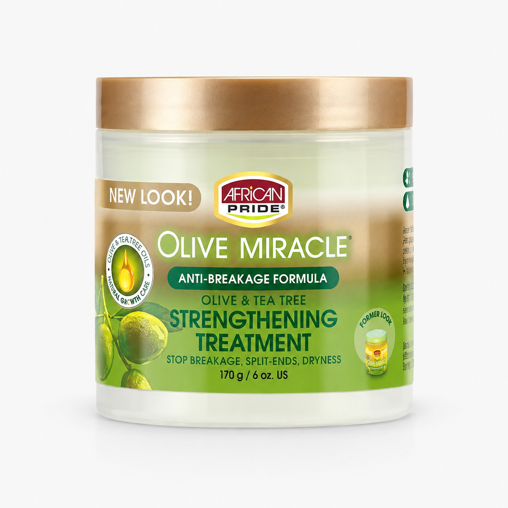 African Pride Olive Miracle Olive & Tea Tree Strengthening Treatment 6 oz front product image for anti-breakage hair care