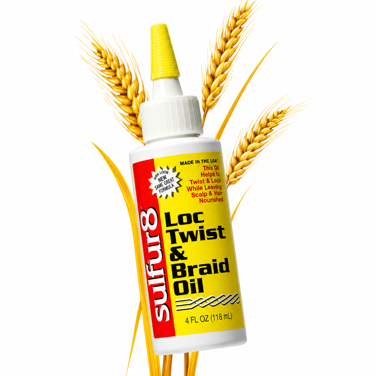 Sulfur8 Loc Twist & Braid Oil 4 oz with wheat background for moisturizing braids, locs, twists and natural hair