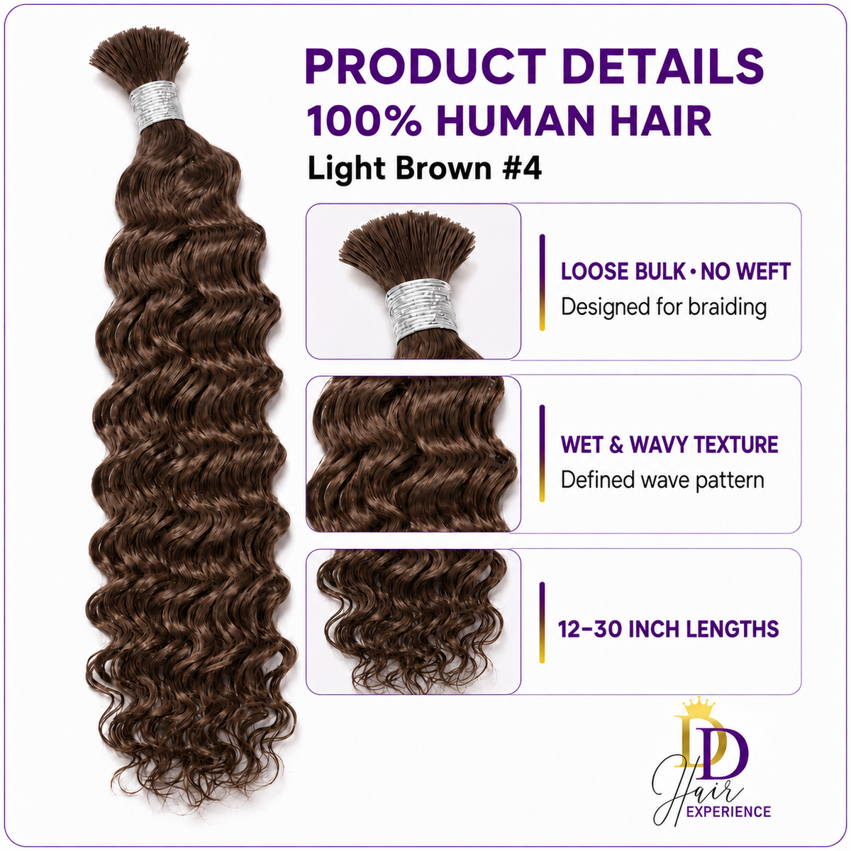 DD Hair Experience Wet & Wavy Bulk Human Hair for Braiding – Light Brown #4