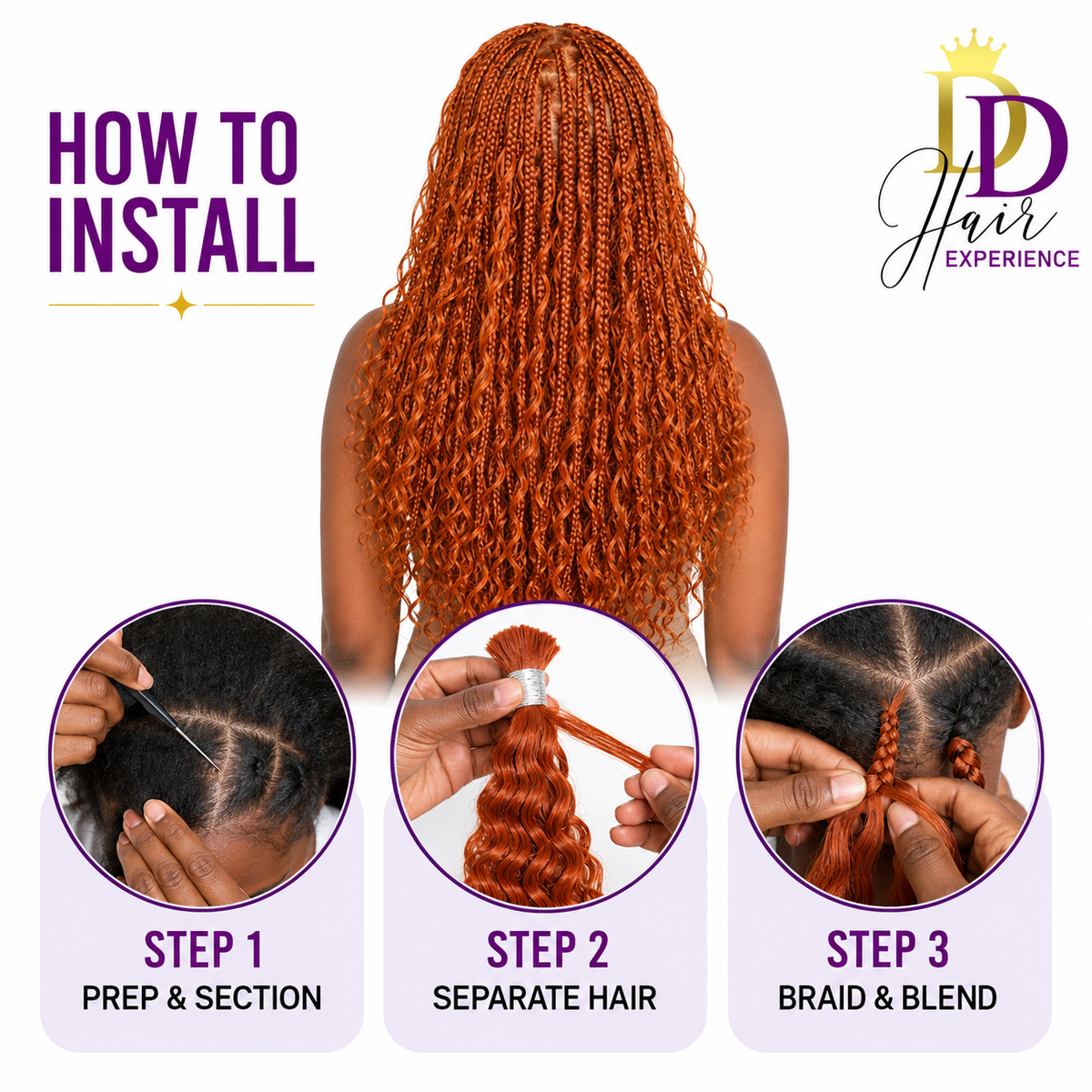 How to install Orange #350 Wet & Wavy bulk human hair for braiding in three steps