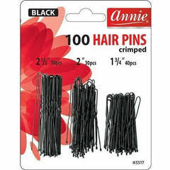 Annie 100 Hair Pins Crimped Black 2 1/2, 2 in, 1 3/4 Ball Tipped 3317