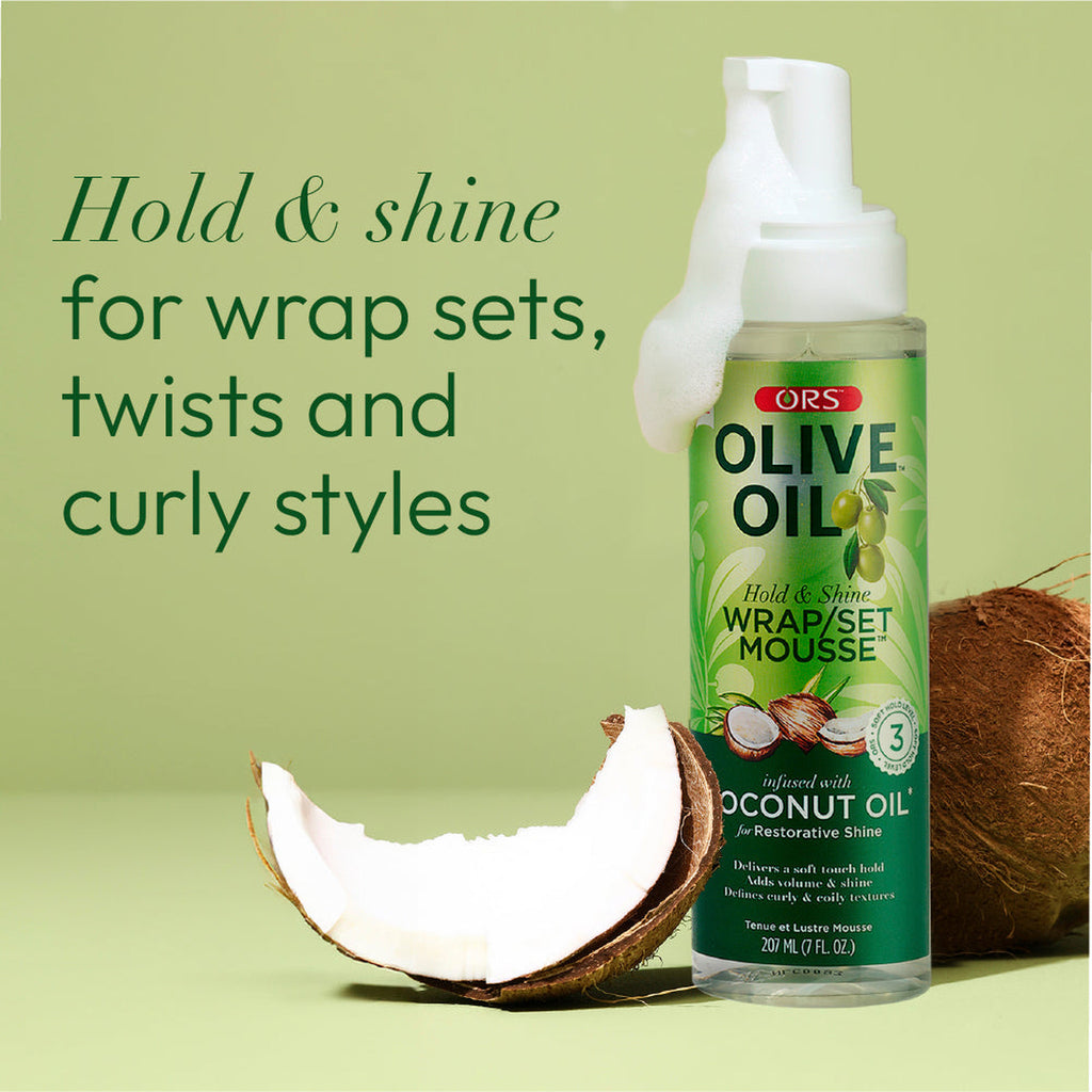 ORS Olive Oil Wrap/Set Mousse bottle with coconut and text on a green background