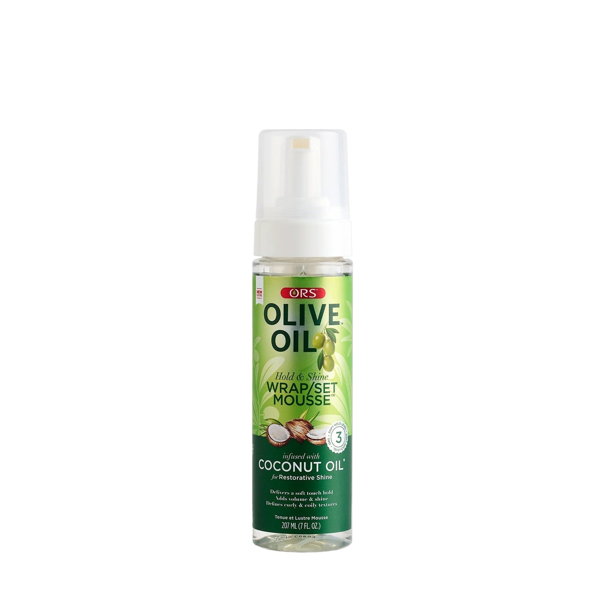 Olive Oil and Coconut Oil hair product bottle on a white background