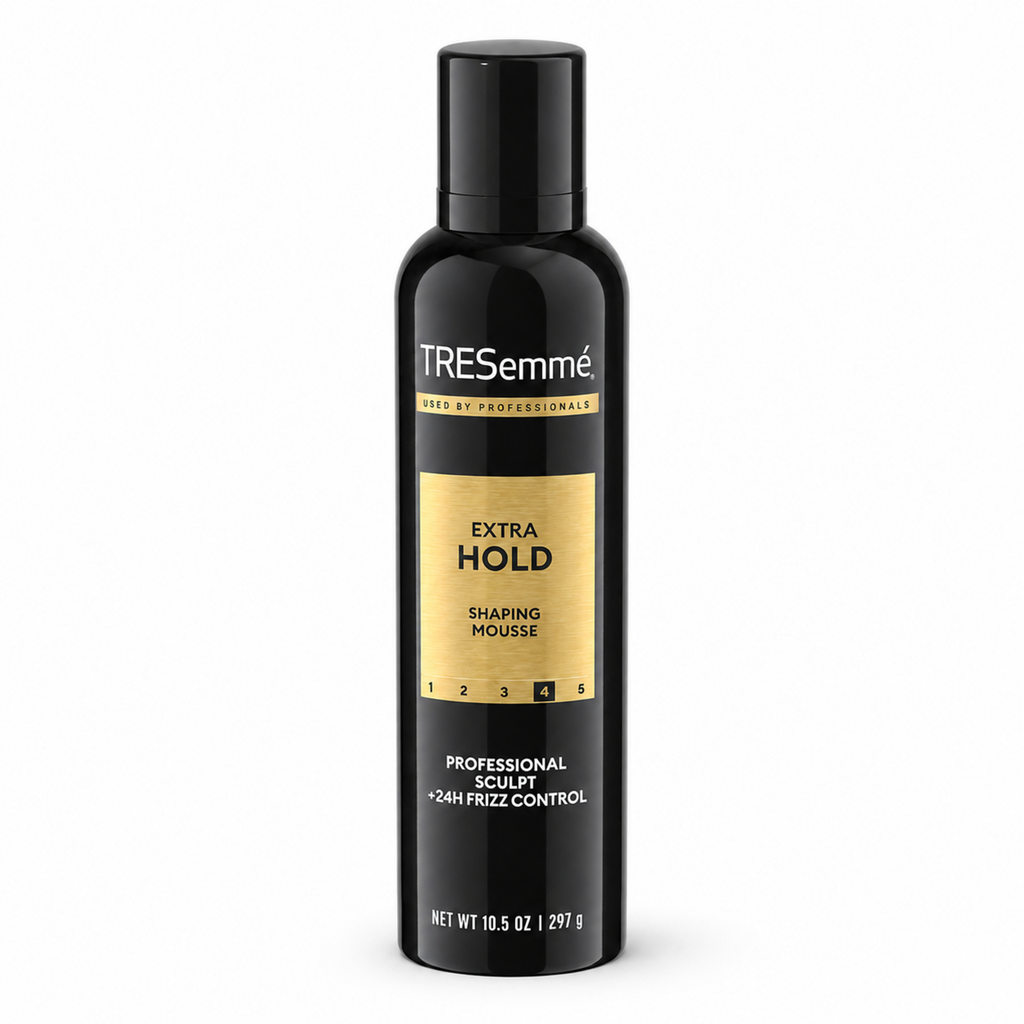 A black bottle of TRESemmé Extra Hold Shaping Mousse with a gold label, photographed on a clean white background.