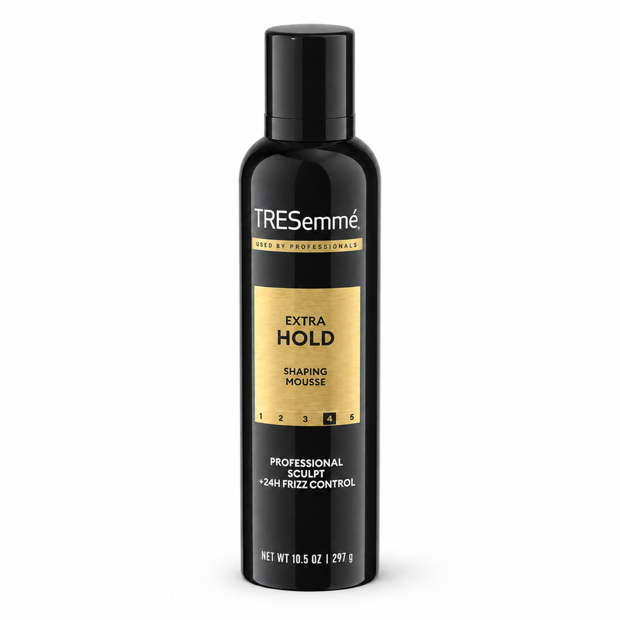 A black bottle of TRESemmé Extra Hold Shaping Mousse with a gold label, photographed on a clean white background.
